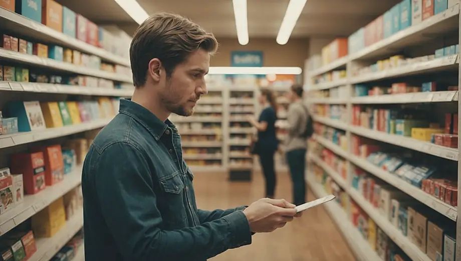 A person standing in a retail business, organizing merchandise on shelves and engaging with customers in a bright, inviting store environment.
