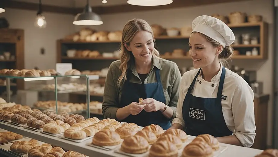 A customer and a professional baker engage in a friendly conversation at a bustling bakery, surrounded by freshly baked goods and the warm ambiance of the shop.