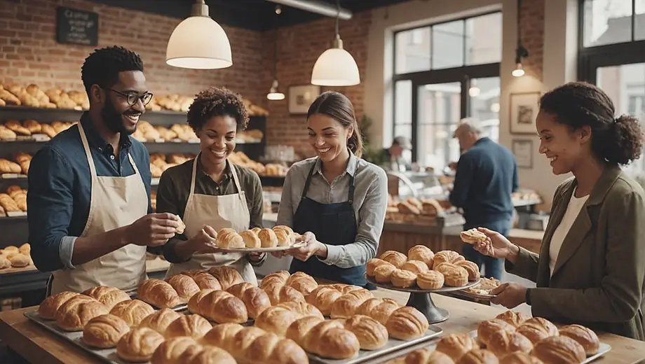 A diverse group of people enjoying freshly baked goods at a cozy bakery shop, chatting and smiling as they browse the display of pastries and bread.