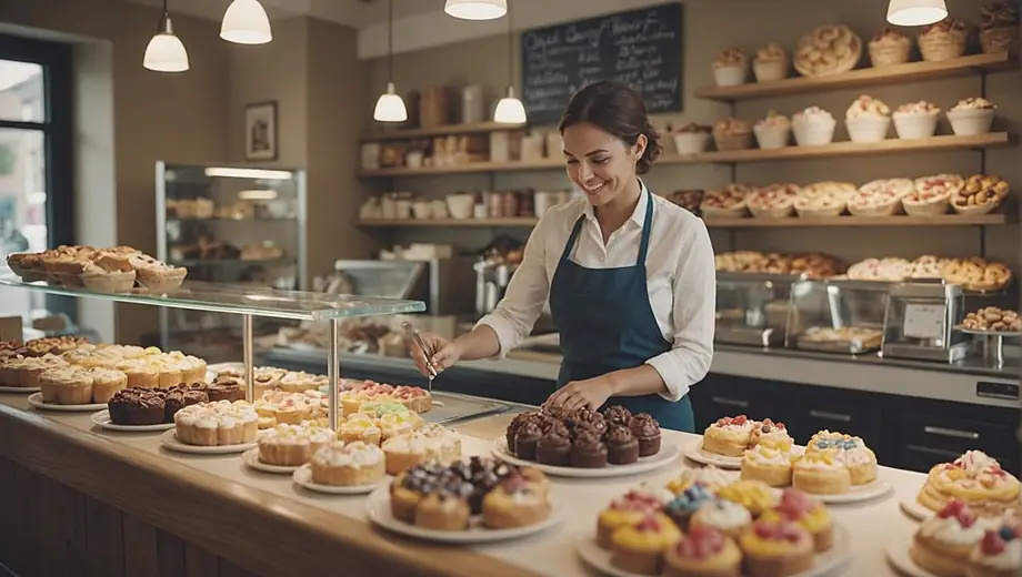 A person stands behind the counter of a cozy pastry shop, surrounded by an array of colorful pastries and desserts, smiling as they prepare a fresh batch of treats.