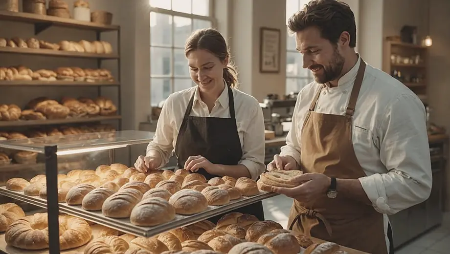 A customer engages with a professional baker at an artisan bakery, surrounded by freshly baked bread and pastries, showcasing a warm and inviting atmosphere.