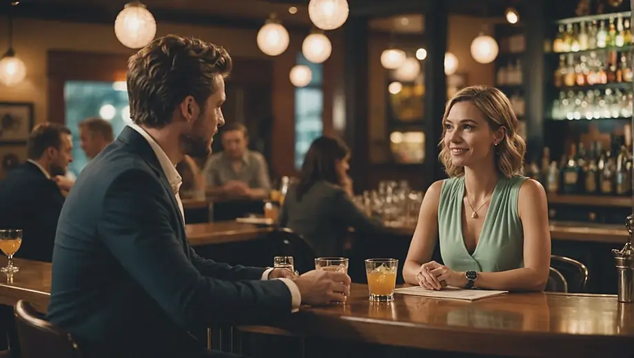 A customer and a professional engage in conversation at a stylish bar, discussing drink options while surrounded by a vibrant atmosphere and elegant decor.