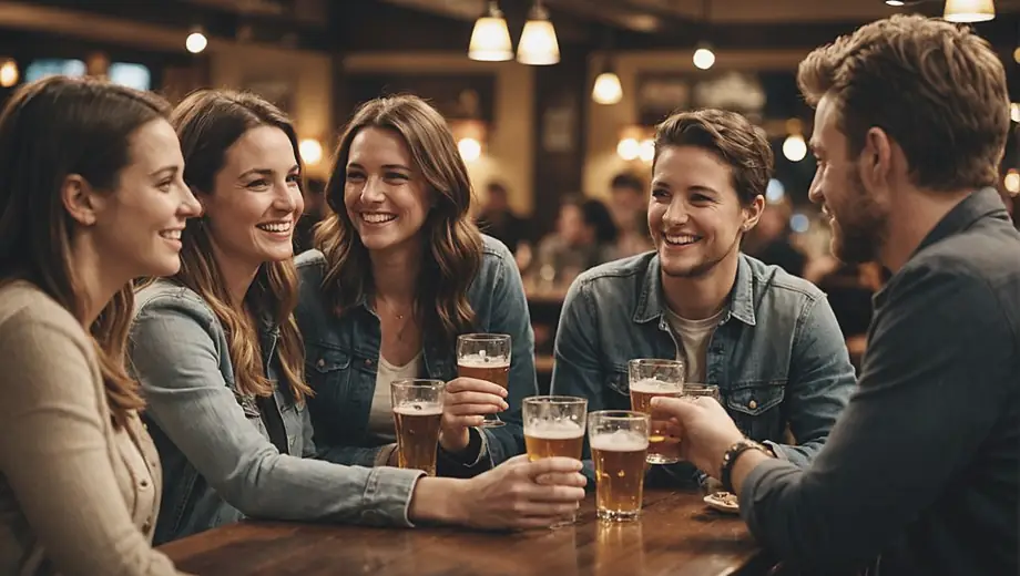 A group of friends enjoying drinks and laughter at a lively pub, with warm lighting and a cozy atmosphere.