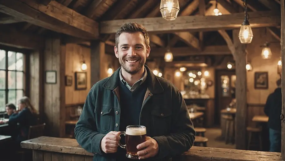A person stands at the entrance of a rustic tavern, surrounded by wooden beams and warm lighting, holding a mug of ale and smiling at the camera.