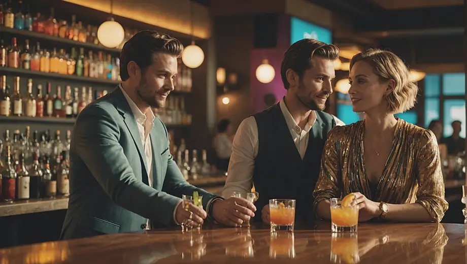 A customer and a professional bartender engage in conversation at a stylish cocktail bar, surrounded by colorful drinks and a vibrant atmosphere.