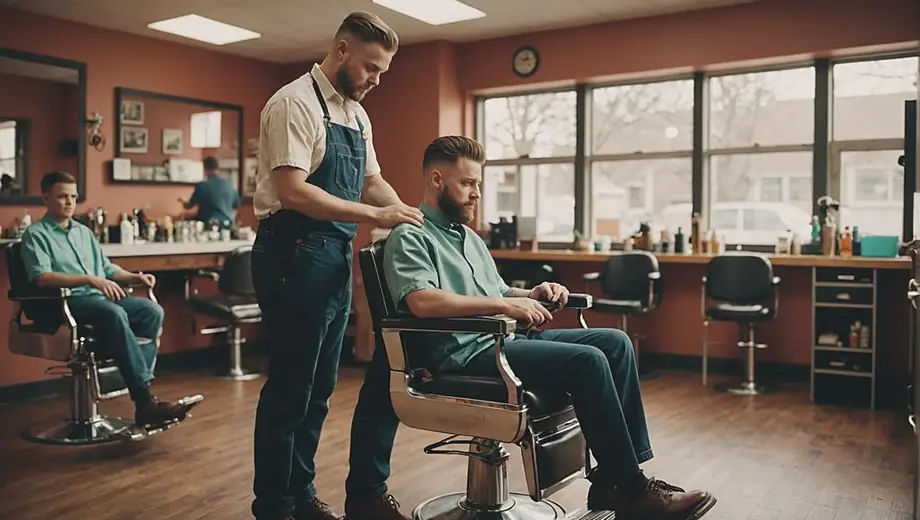 A customer sits in a barber chair at a Barber School, while a professional instructor demonstrates haircut techniques, showcasing hands-on learning in a vibrant classroom setting.
