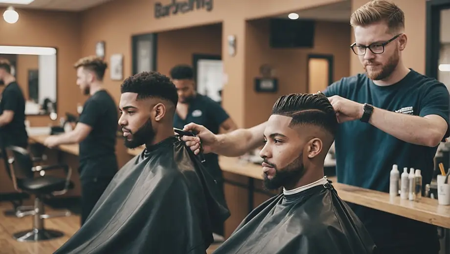 A diverse group of students practicing their skills at a barbering academy, focused on cutting hair and learning techniques from experienced instructors.