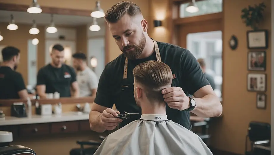 A barber training instructor demonstrates haircut techniques to a student in a well-equipped salon, showcasing hands-on learning in a professional environment.
