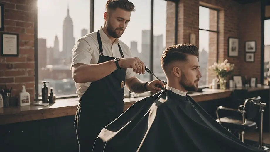 A customer receiving a haircut from a professional instructor at a barber school, showcasing hands-on training in a modern salon environment.