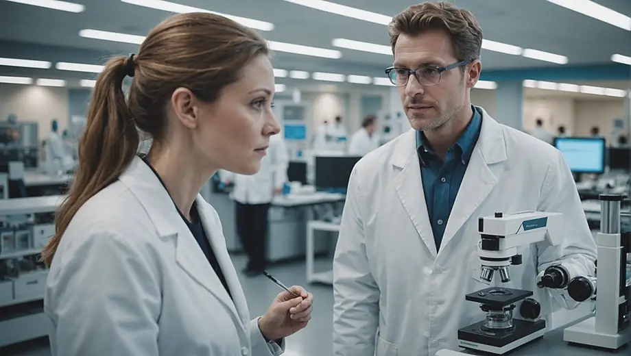 A customer and a professional discuss Biotech solutions on-site, surrounded by advanced laboratory equipment and research materials.