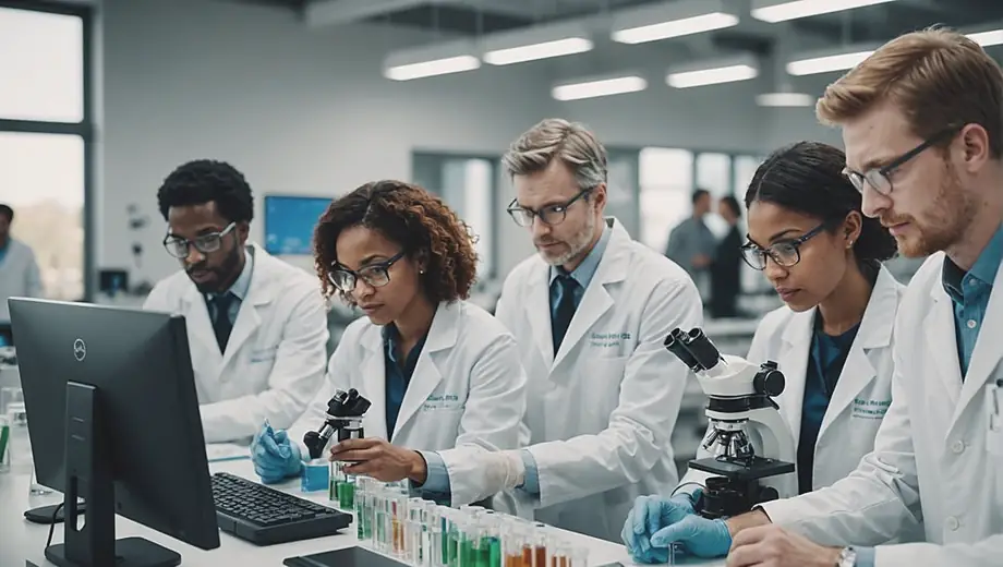 A diverse group of scientists collaborates in a modern laboratory, showcasing innovative research and development at a biotechnology company.