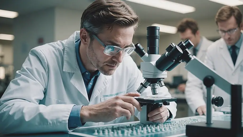 A researcher in a lab coat examines samples under a microscope in a biotech research facility, surrounded by advanced equipment and scientific materials.