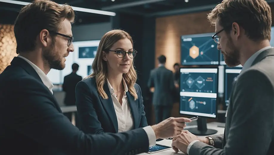 A customer and a professional discuss a blockchain implementation on-site, examining a digital interface while surrounded by modern technology.