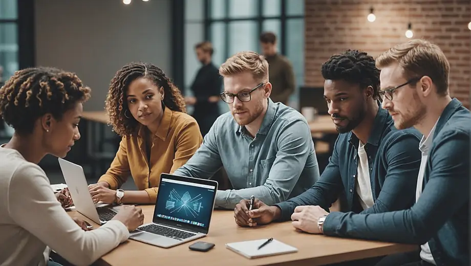 A diverse group of professionals collaborates around a table, discussing blockchain solutions while analyzing data on laptops and tablets.