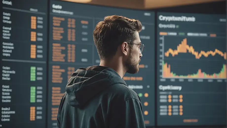 A person stands in front of a large digital screen displaying cryptocurrency market trends, analyzing data with a focused expression.