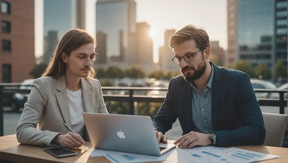 A customer discusses project details with a professional on-site, reviewing plans for blockchain development on a laptop, surrounded by digital diagrams and notes.