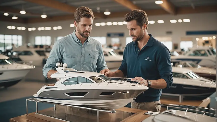 A customer and a professional at a boat dealership discuss options while examining a sleek boat model on display.