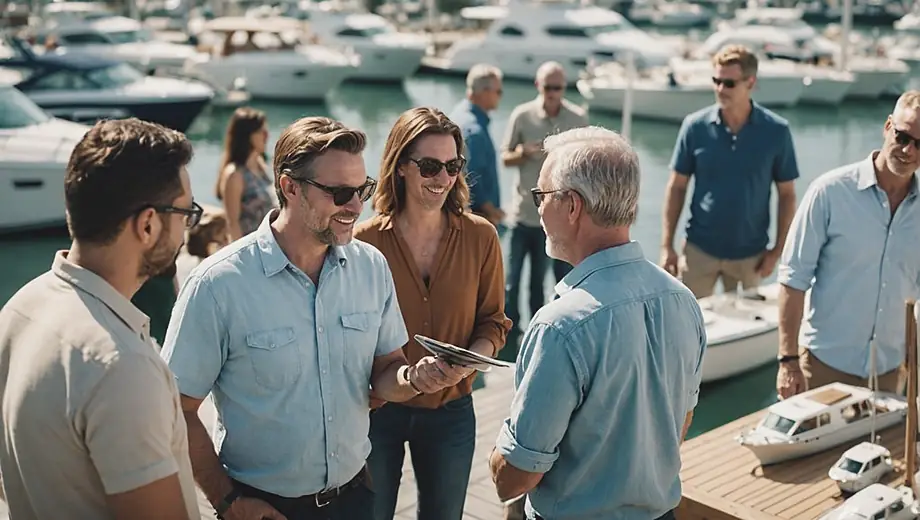 A diverse group of people gathered at a marina, discussing boat sales while examining various models on display.