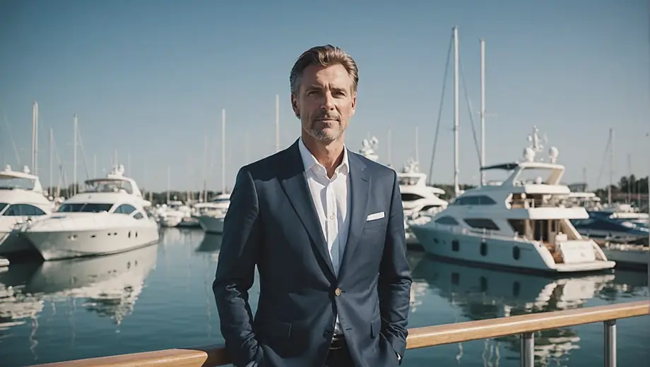 A yacht dealer stands on the dock, confidently showcasing a sleek luxury yacht against a clear blue sky, ready to assist potential buyers.
