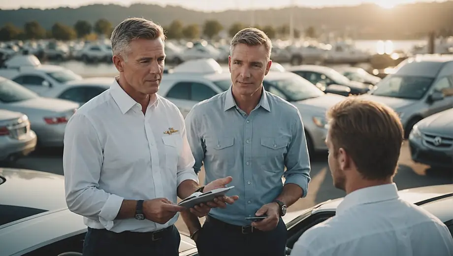 A marine dealer discusses boat options with a customer at a dealership, surrounded by various models on display.