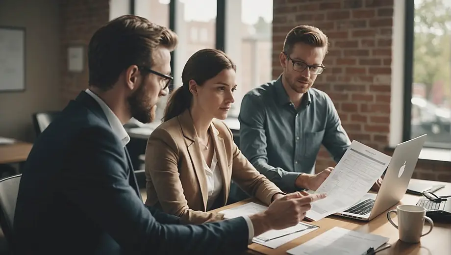A customer and a professional are engaged in a discussion at a workspace, with financial documents and a laptop open, focusing on bookkeeping tasks.