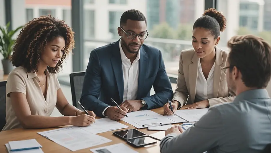 A diverse group of professionals collaborating at a desk, reviewing financial documents and discussing bookkeeping services to enhance their business operations.