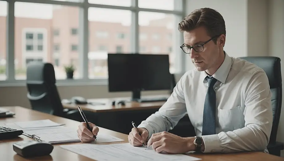 A professional individual reviewing financial documents at a desk, showcasing accounting services in a modern office setting.
