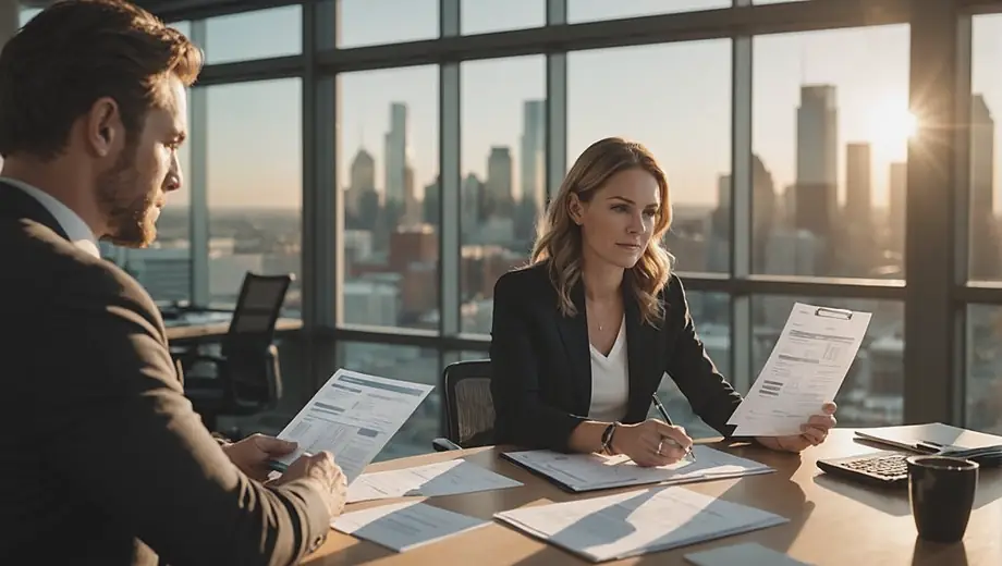 A customer and a payroll management professional discuss employee compensation details at a modern office setting, with documents and a laptop open on the table.