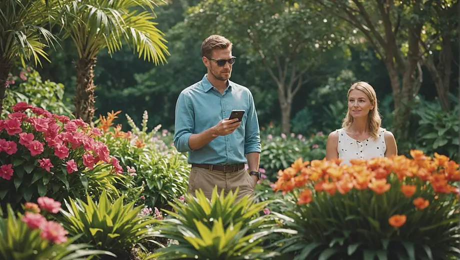 A customer and a professional discuss plant care in a vibrant Botanical Garden, surrounded by lush greenery and colorful flowers.