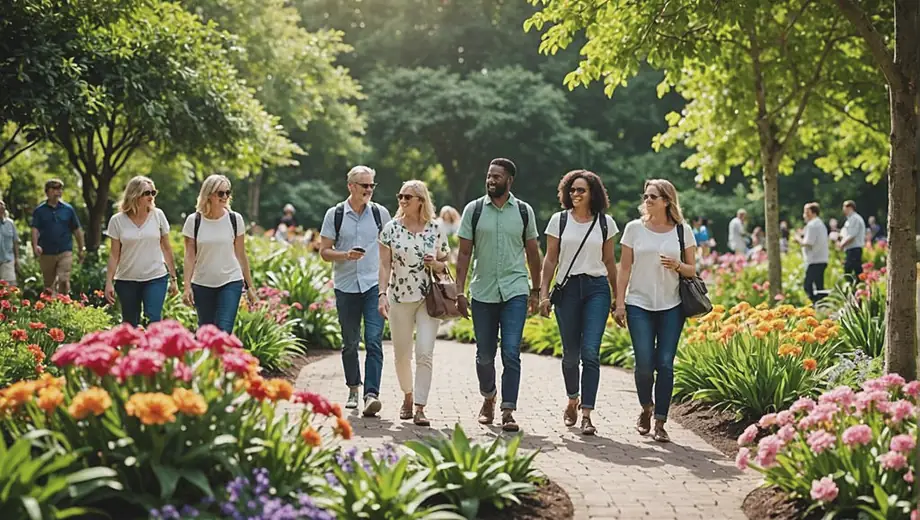 A diverse group of people strolls through a vibrant botanical garden, admiring the colorful flowers and lush greenery while enjoying the sunny day.