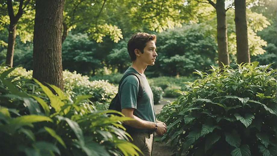 A person stands among lush greenery in an arboretum, surrounded by a variety of trees and plants, enjoying the tranquil atmosphere.