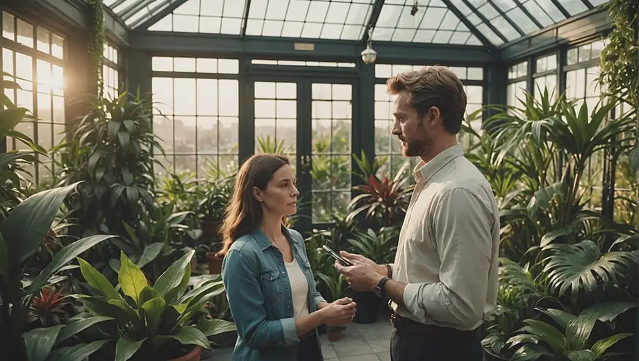 A customer consults with a professional in a lush plant conservatory, surrounded by vibrant greenery and exotic plants, discussing care tips and plant selection.