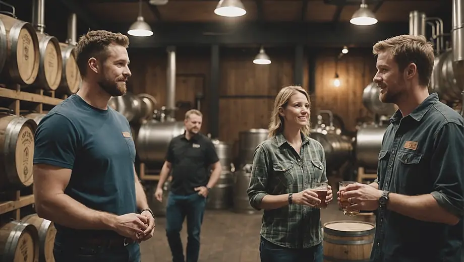 A customer and a professional brewery staff member engage in conversation on-site, surrounded by brewing equipment and barrels, showcasing a collaborative atmosphere.