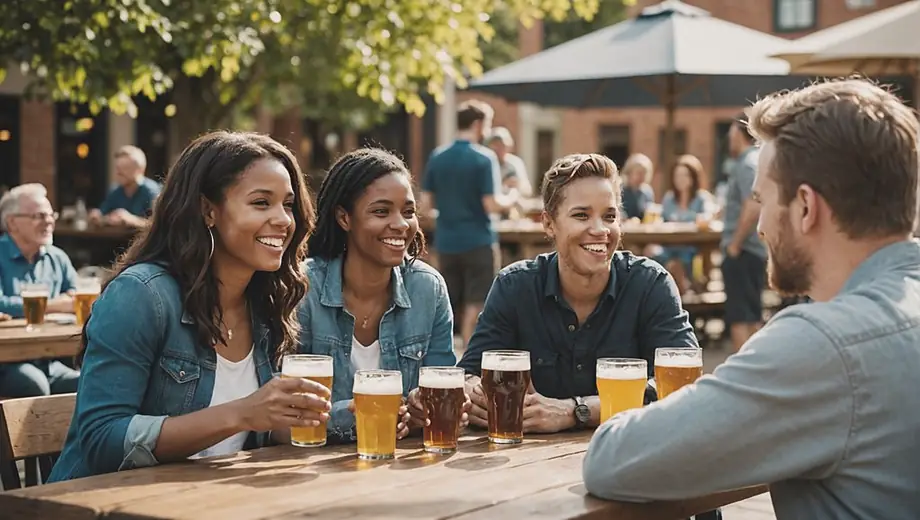 A diverse group of friends enjoying a sunny afternoon at a local brewing company, sampling craft beers and sharing laughter at outdoor tables.