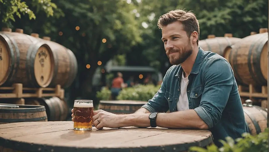A person enjoying a craft beer at a vibrant outdoor brewery, surrounded by barrels and greenery.