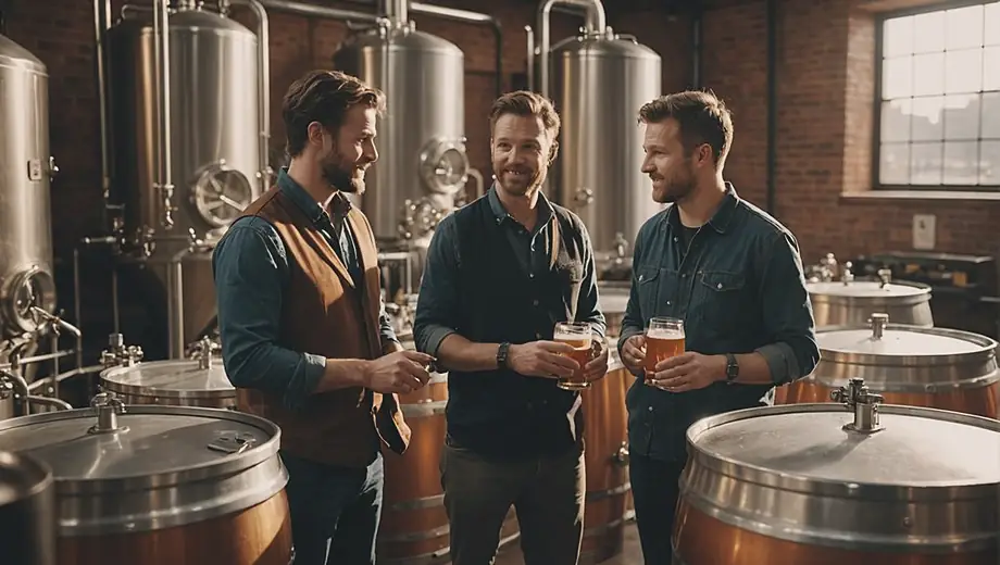 A customer and a professional brewer discuss the brewing process inside a microbrewery, surrounded by shiny fermentation tanks and barrels filled with craft beer.