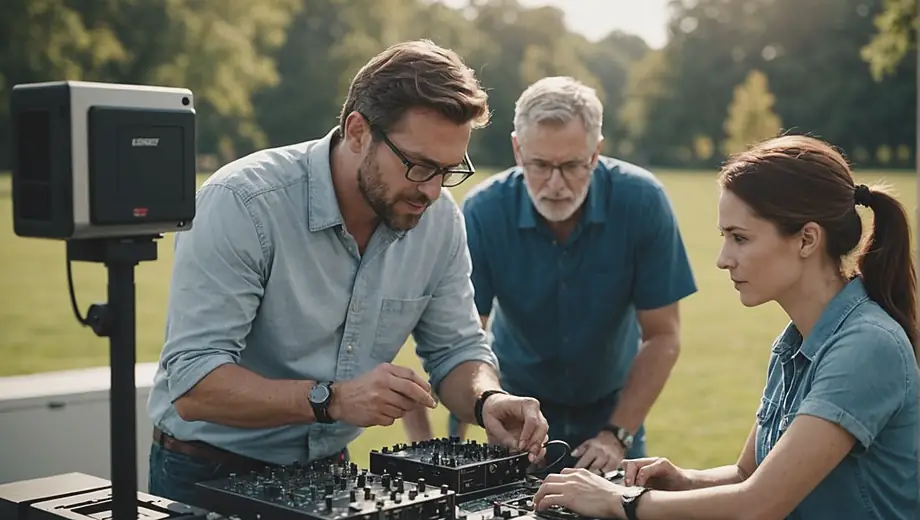 A customer and a professional collaborate on-site, discussing broadcasting equipment while reviewing setup plans and ensuring optimal transmission quality.