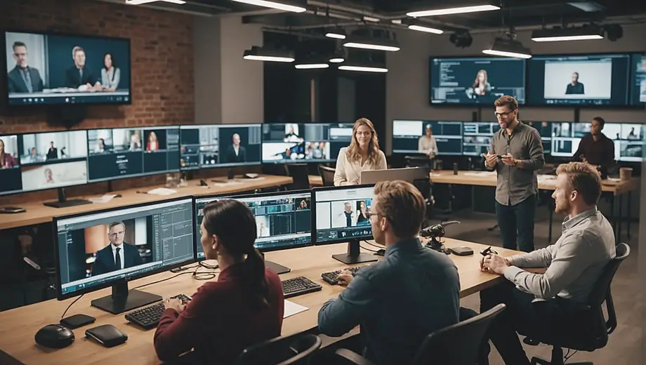 A diverse group of professionals collaborates in a modern studio, discussing strategies for a broadcasting company while surrounded by cameras and screens displaying live feeds.