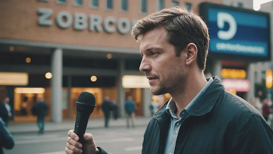 A person stands in front of a television network building, holding a microphone and preparing for a live broadcast.