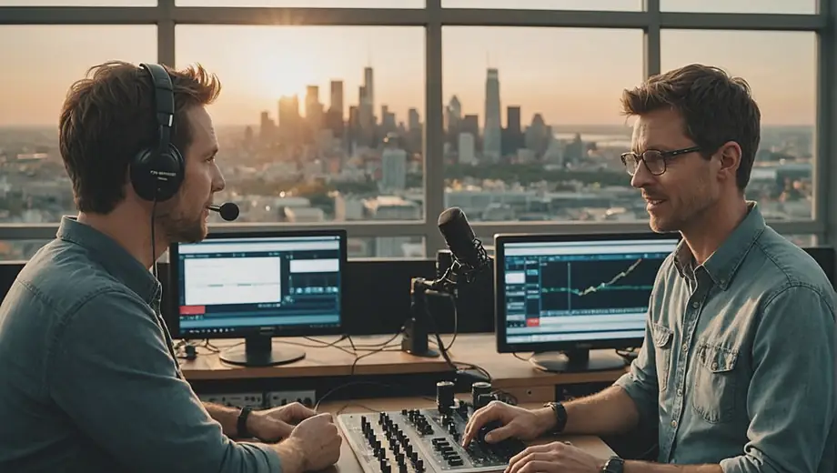 A customer discusses project details with a professional at a radio station, surrounded by broadcasting equipment and soundproofing materials.