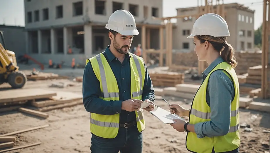 A customer and a professional discuss building material options on a construction site, surrounded by various supplies and tools.
