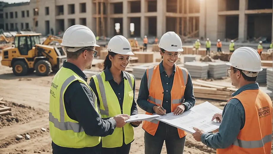A diverse group of people discussing plans at a construction site, with various building materials stacked nearby, showcasing the role of a building materials supplier in their project.