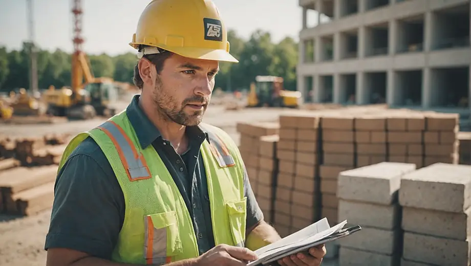 A construction worker inspecting a stack of construction supplies at a job site, wearing a hard hat and safety vest.