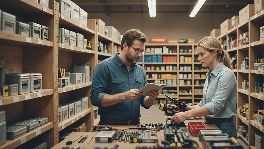 A customer consults with a professional at a hardware store, surrounded by shelves filled with tools and supplies, as they discuss the best options for a home improvement project.