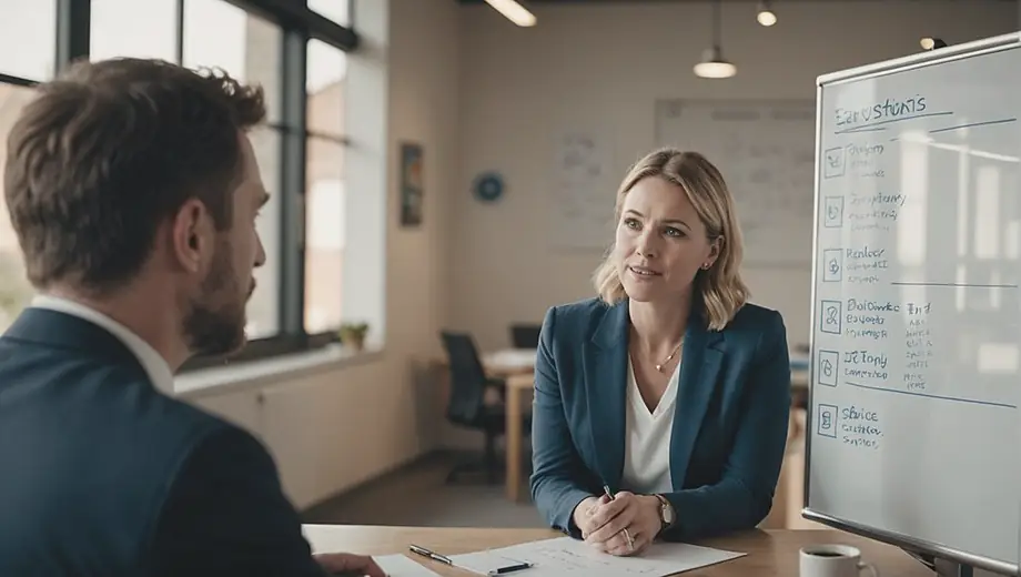 A customer and a professional engage in a discussion on site, focused on Business Coaching, with a whiteboard filled with strategies and goals in the background.