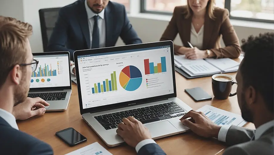A diverse group of professionals engaged in a business consulting meeting, discussing strategies and analyzing data on a laptop, with charts and documents spread across the table.