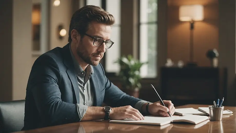 A confident individual engages in leadership coaching, sitting at a table with a notebook and pen, reflecting on strategies for personal and professional growth.