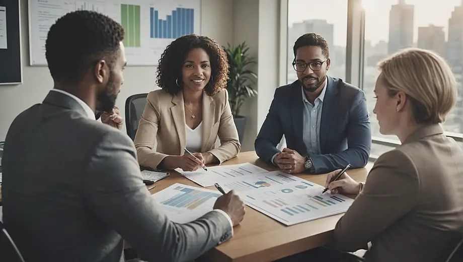 A diverse group of professionals discussing a commercial loan in a modern office setting, with charts and financial documents spread across the table.