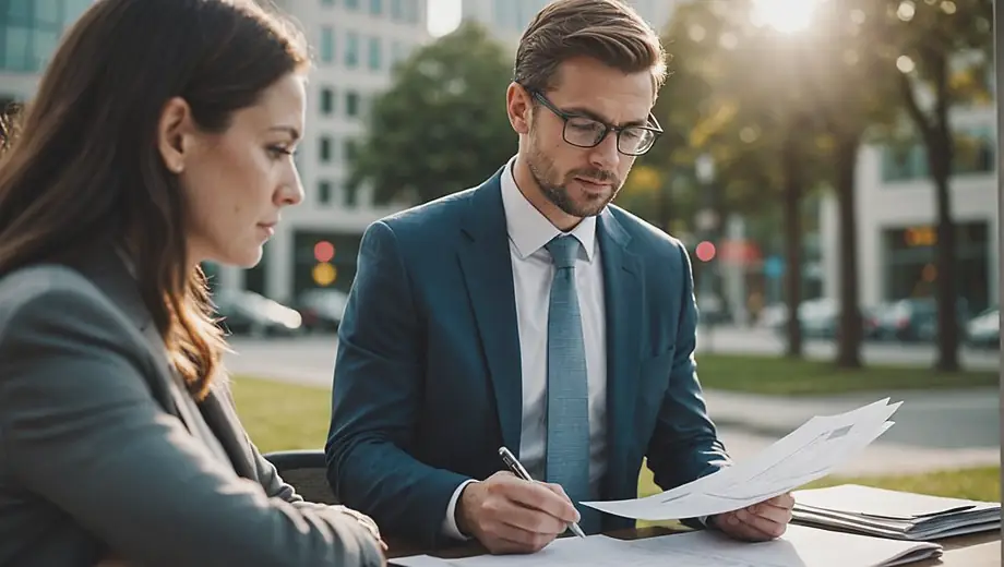 A business professional reviewing financial documents on-site, focused on securing business financing options.