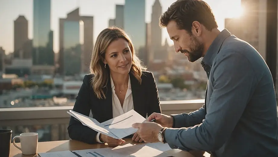 A small business owner discussing financing options with a financial advisor on-site, reviewing paperwork related to a small business loan.
